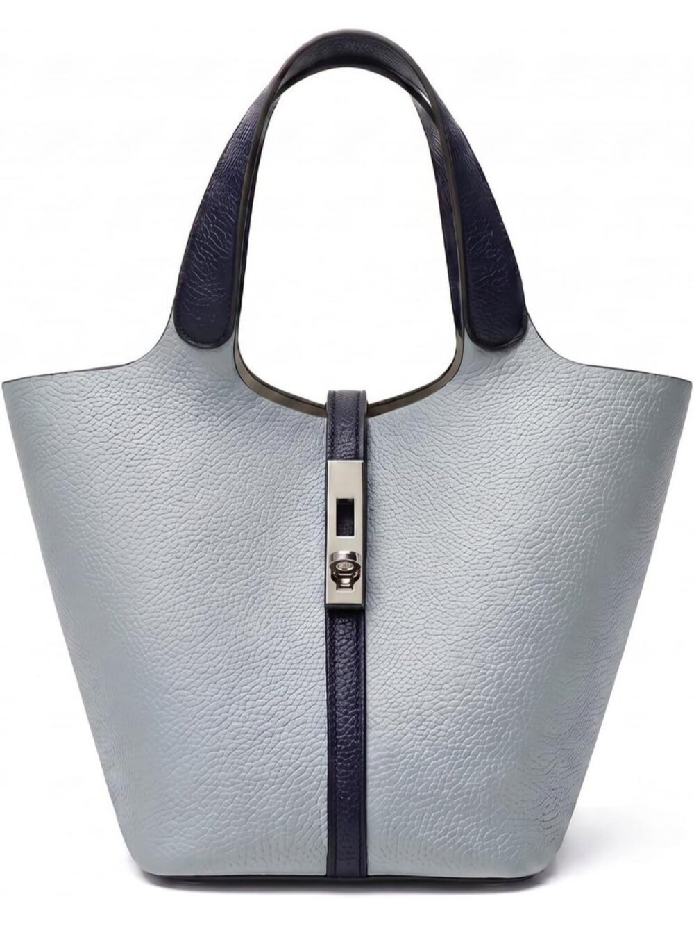 Women's Silver Vegan Leather Satchel Tote Handle Lock Design Bucket Purse